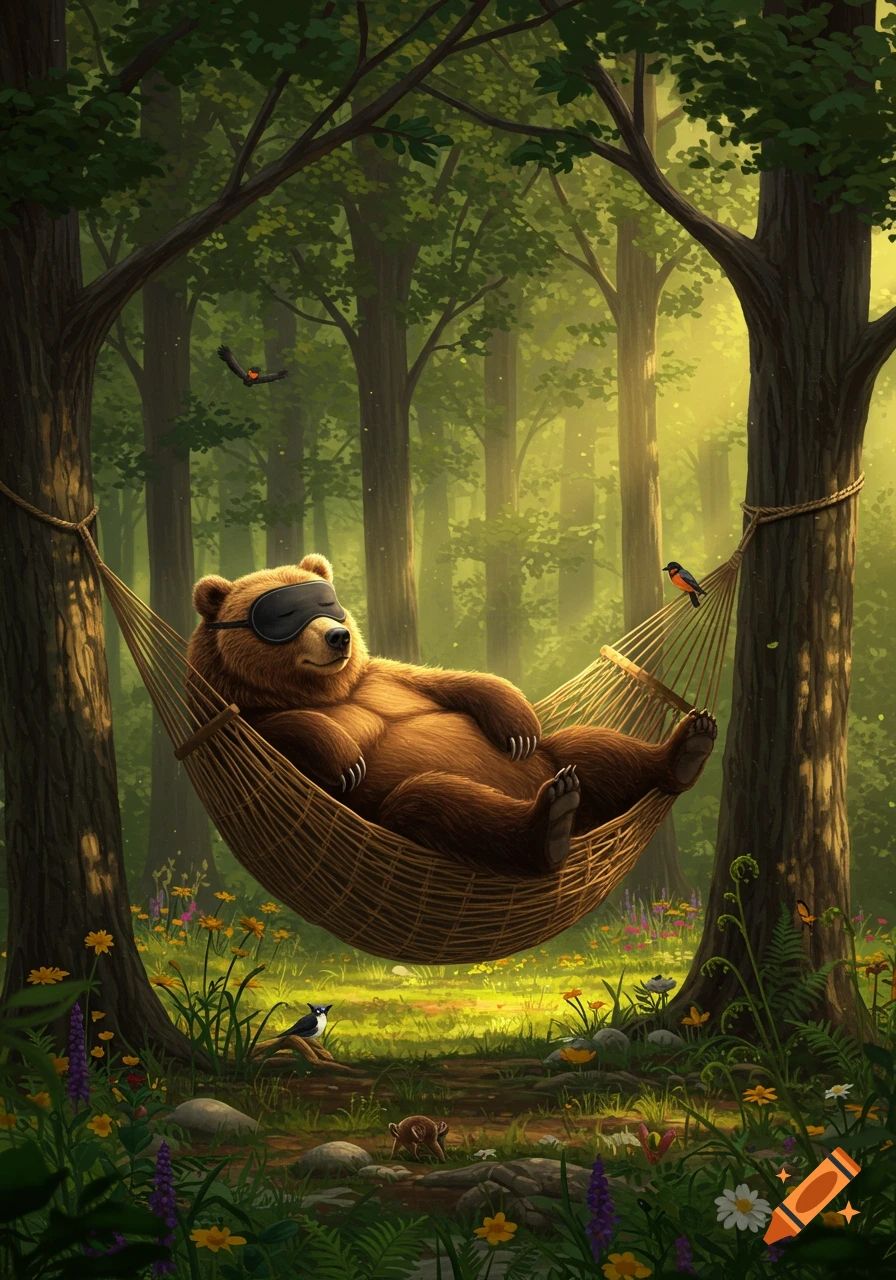 An illustrated brown bear sleeps peacefully in a hammock, wearing a black sleep mask, suspended between two trees in a lush, sunny forest with wildflowers.