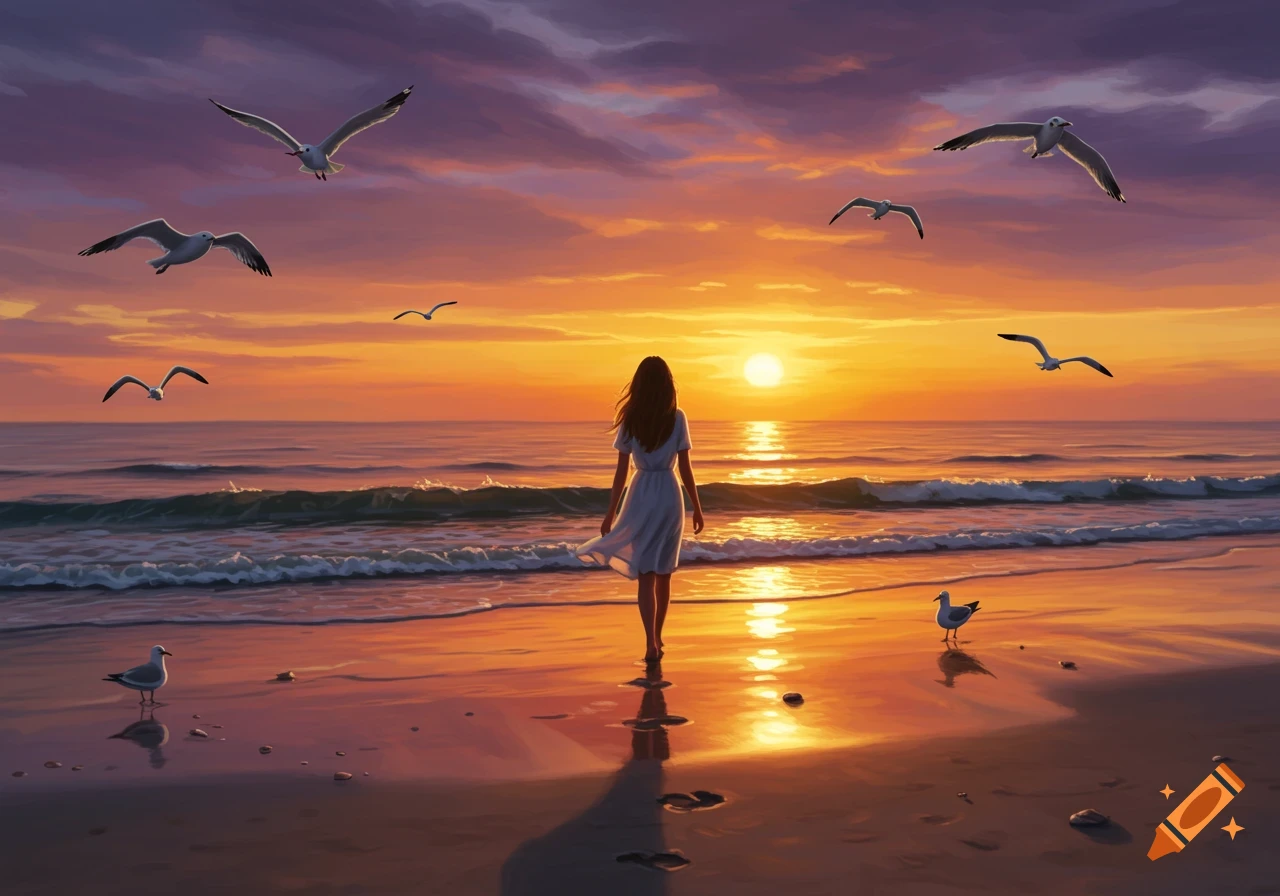 A woman in a white dress walks along a beach at sunset with seagulls flying and standing nearby, in a painting style.