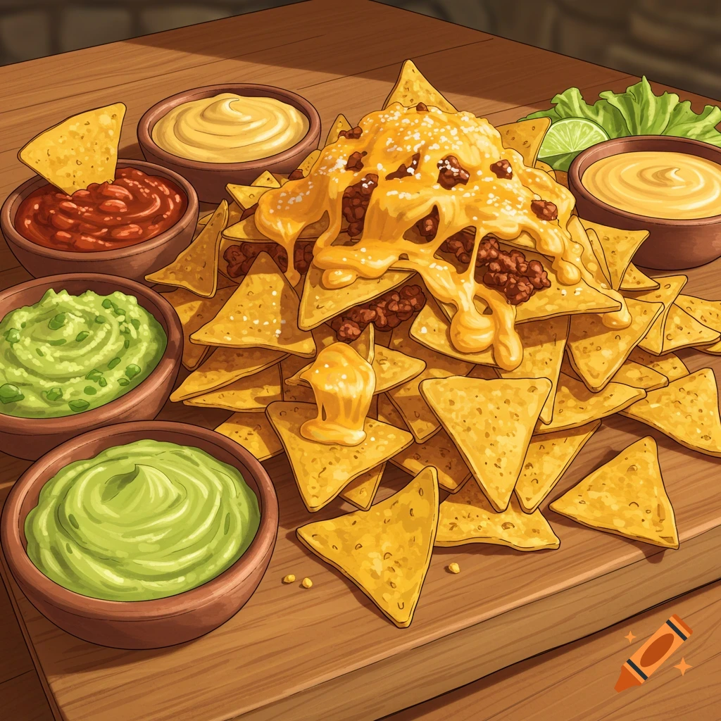 A platter of nachos topped with melted cheese and ground meat, surrounded by bowls of salsa and guacamole, on a wooden board, in a drawn style.