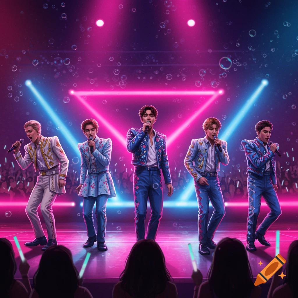 Five stylized male singers perform on a neon-lit stage with pink and blue lights, watched by a silhouetted audience.