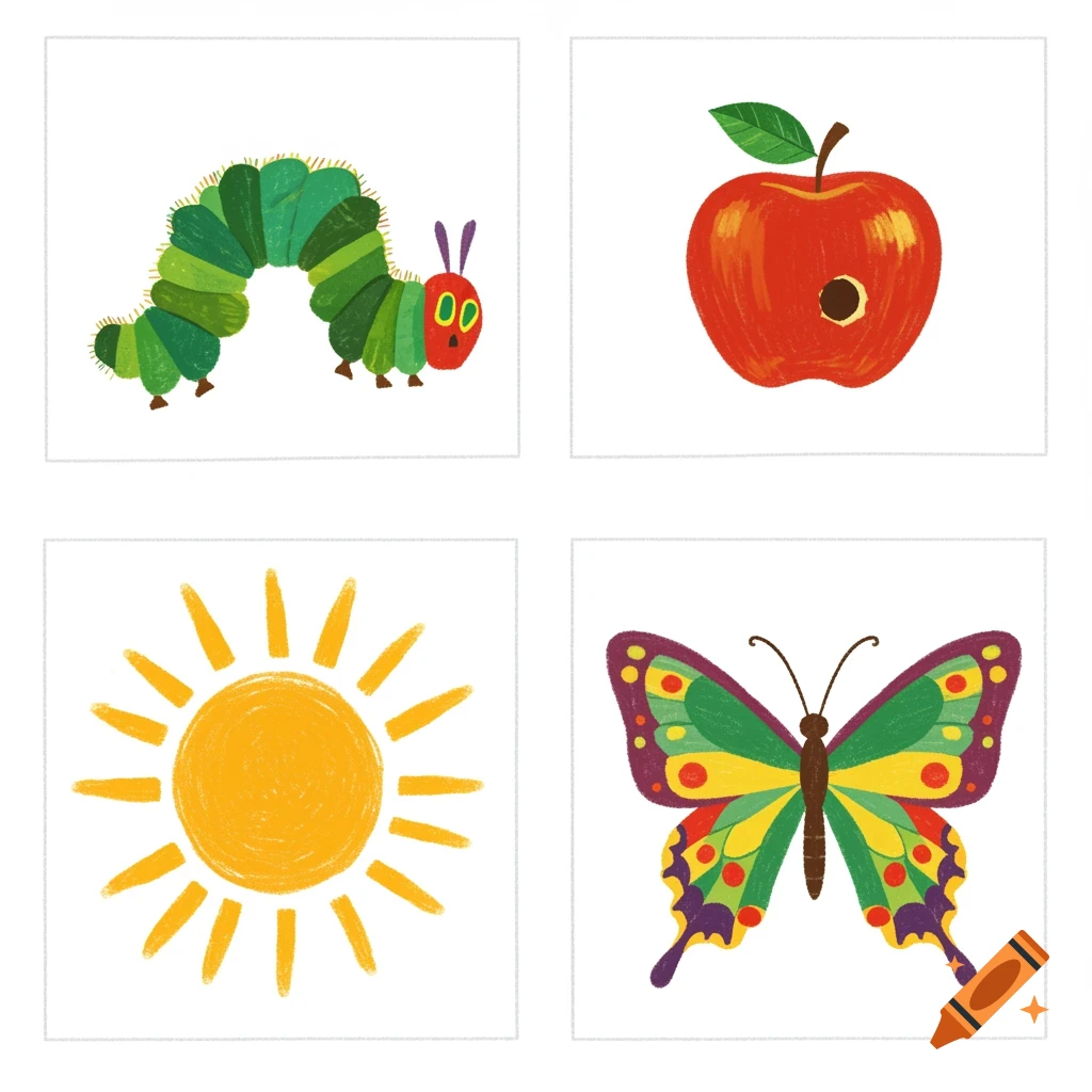 Four illustrations inspired by The Very Hungry Caterpillar: a green caterpillar, a red apple, a yellow sun, and a colorful butterfly.