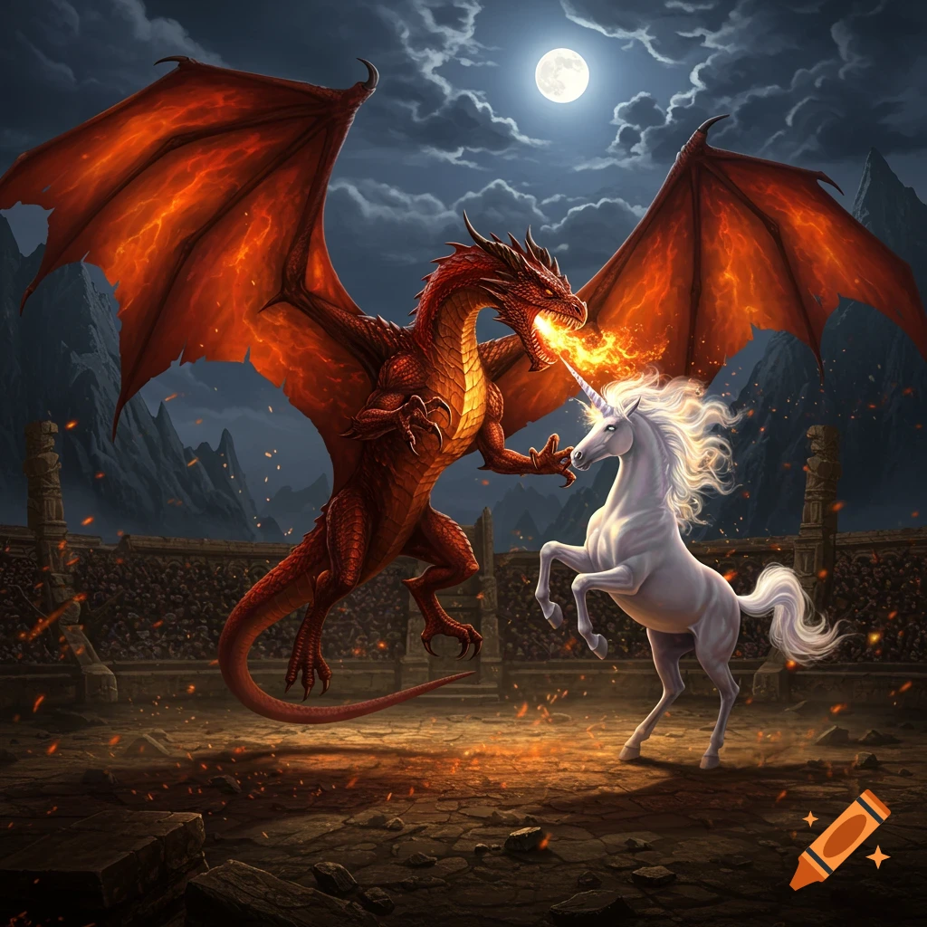 A red dragon breathes fire at a white unicorn in a dark arena under a full moon.