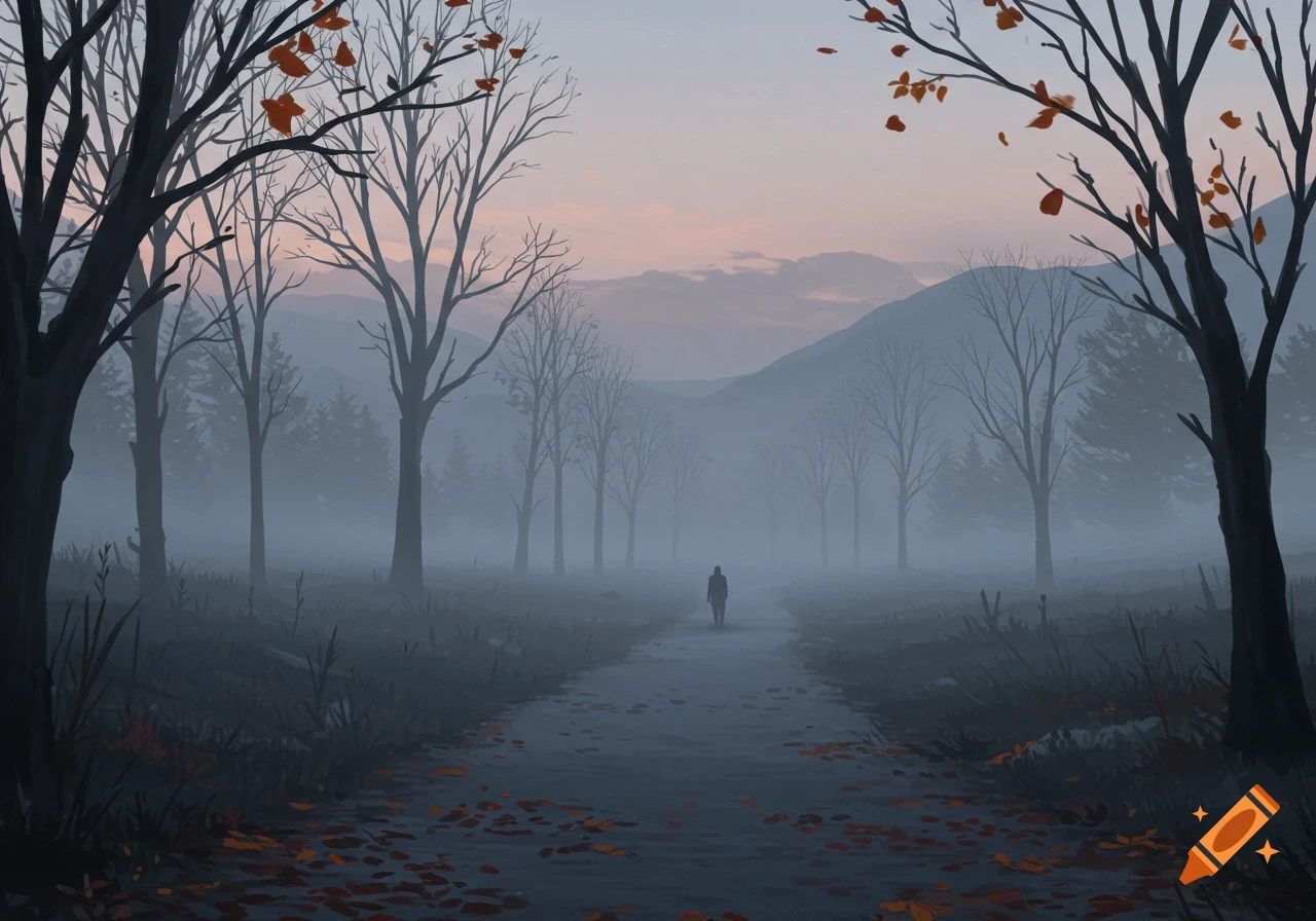 A lone figure walks down a misty path through a forest of bare trees with orange leaves under a soft twilight sky.