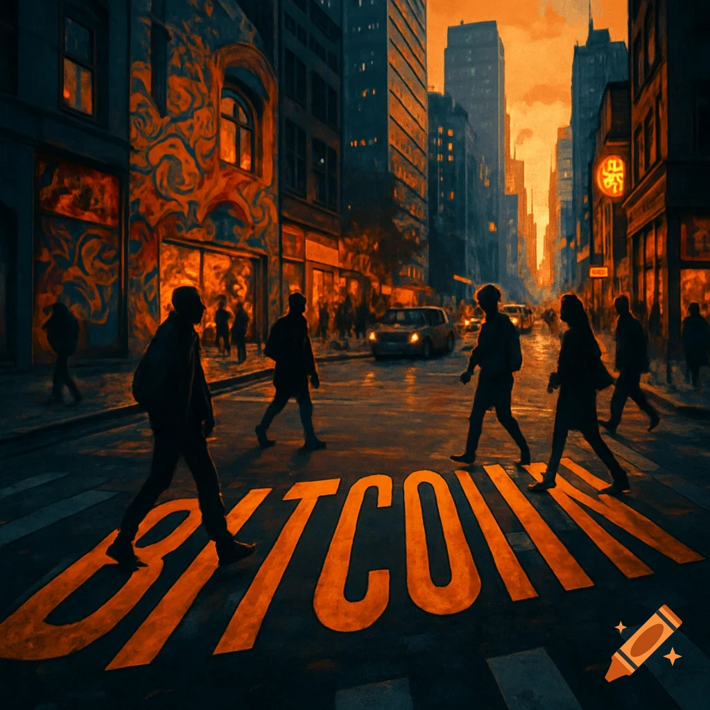 Stylized city street at sunset with silhouetted people walking over 'BITCOIN' painted in large orange letters on a crosswalk.