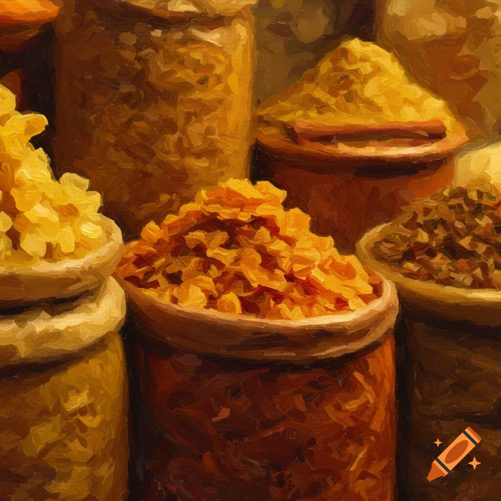 An impressionist painting depicting an array of colorful spices in various earthenware pots and sacks.