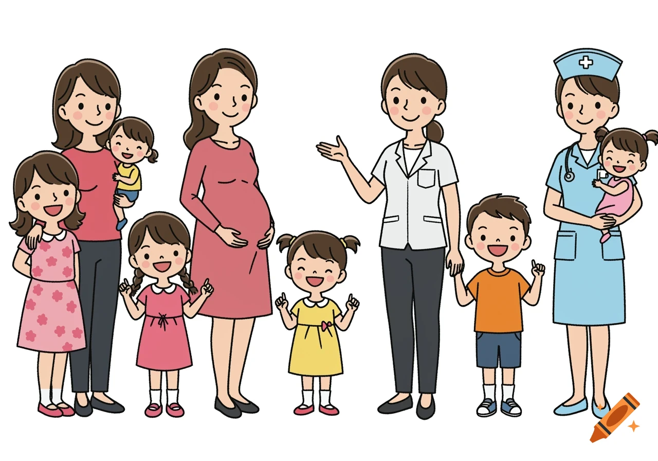 A cartoon group portrait of smiling women and children. From left, a mother with two daughters and a baby, a pregnant woman with a daughter, a woman in a white lab coat, and a nurse in a blue uniform holding a baby, all standing side by side.