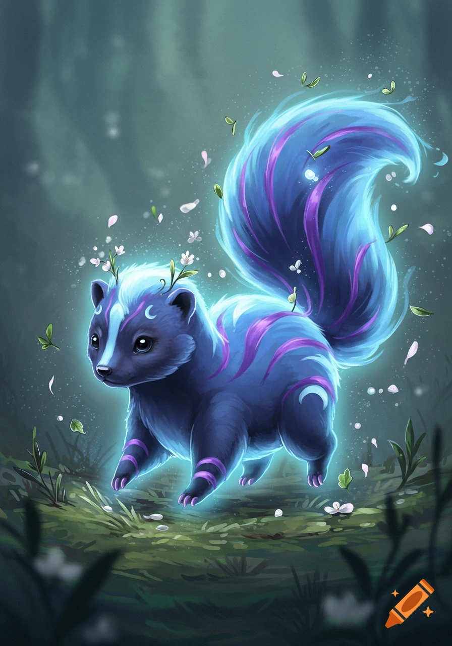 A magical blue and purple skunk-like creature with glowing tail and crescent moons, surrounded by leaves in a forest.