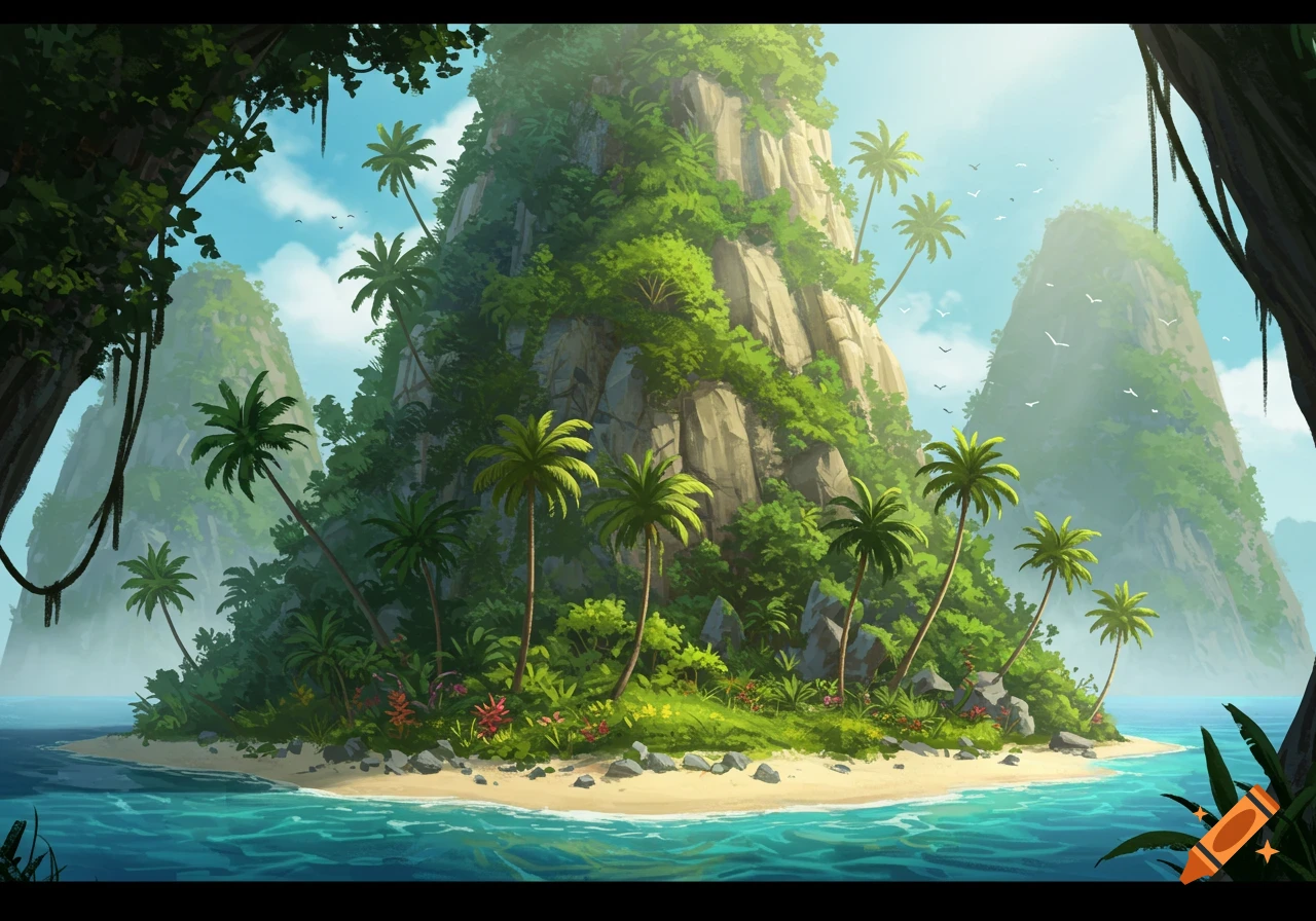 A vibrant illustration of a tropical island with a sandy beach, palm trees, and lush green mountains surrounded by clear turquoise water.