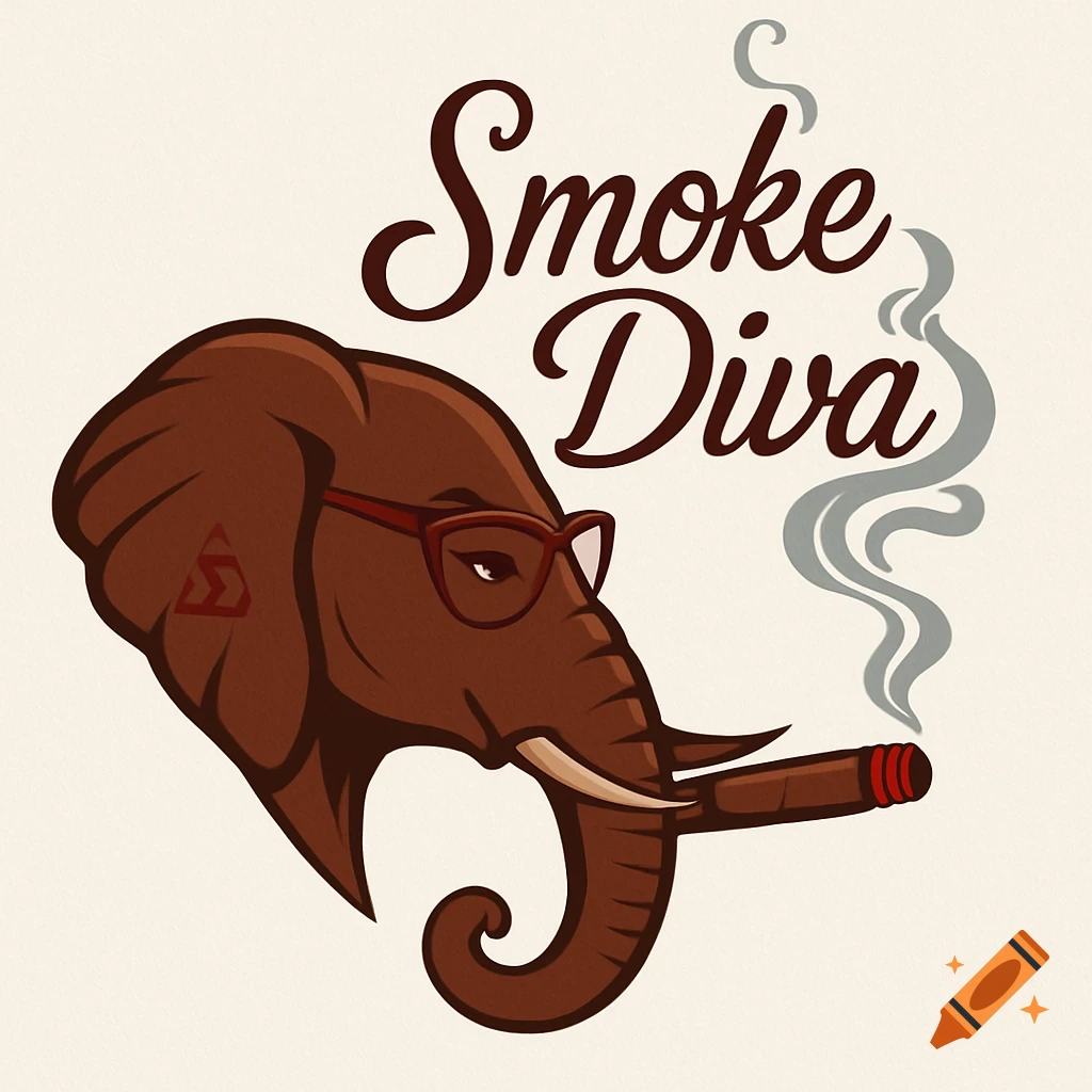 Stylized brown elephant logo wearing red glasses, smoking a cigar with red ember, forming text 'Smoke Diva' in the gray smoke.
