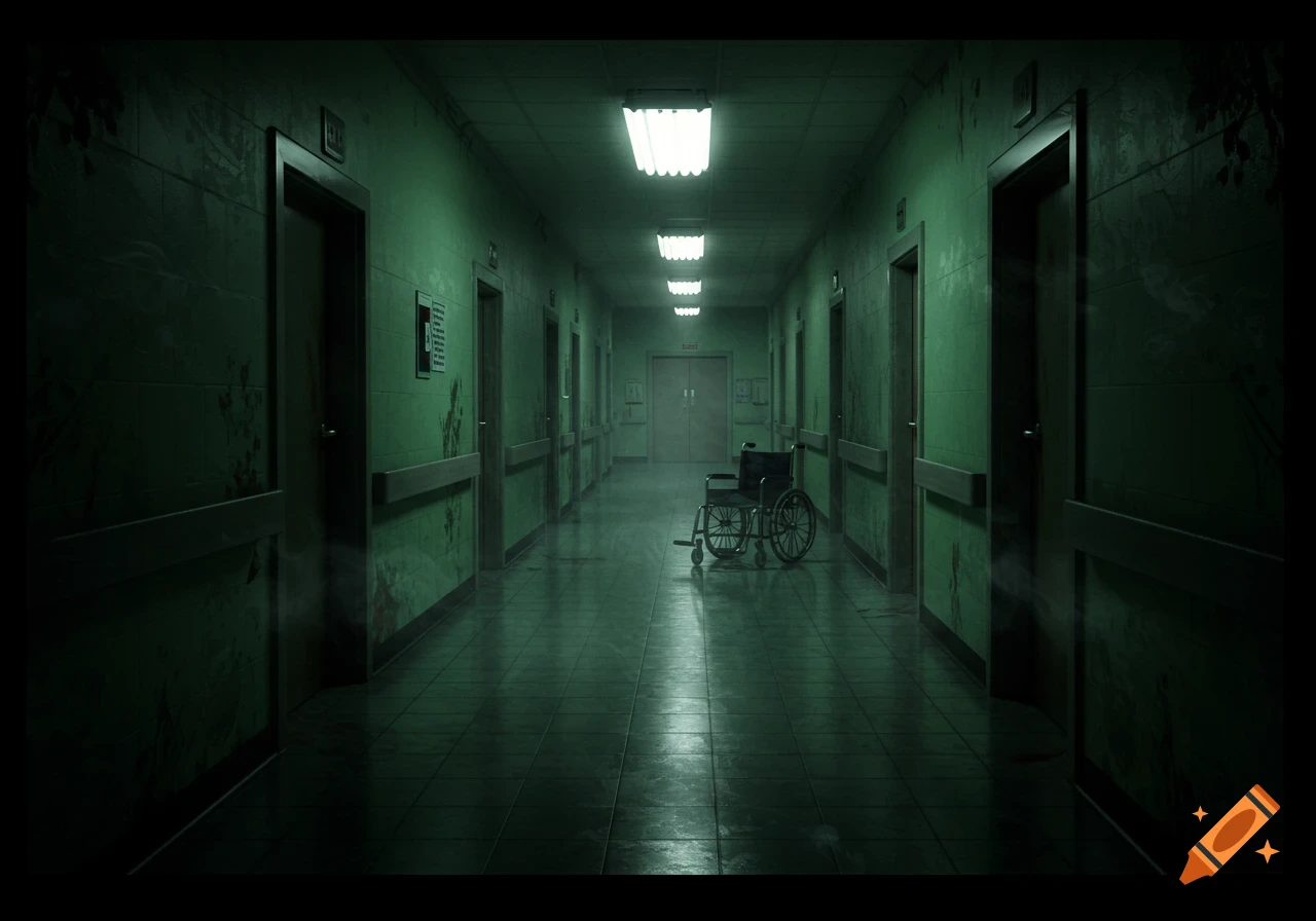 A dark, eerie, green-tinted hospital hallway stretches into the distance, with a lone wheelchair parked on the tiled floor. Fluorescent lights dimly illuminate the corridor, and bloodstains are visible on the grimy walls.