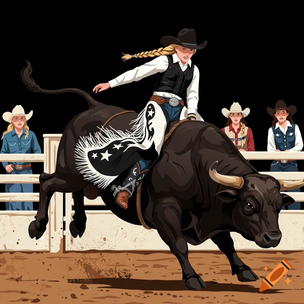 Illustrated cowgirl with blonde braids riding a bucking black bull in a rodeo arena, with other cowgirls watching.