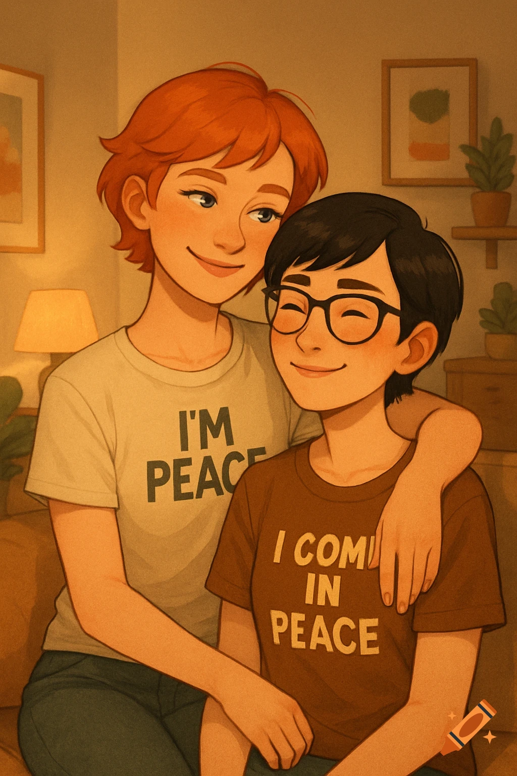 A digital illustration of two smiling women, one redhead, embracing in a cozy home. They wear t-shirts with text.