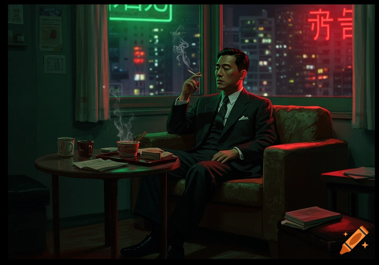 A man in a dark suit sits alone in a dimly lit room, smoking a cigarette, with city lights and neon signs visible outside the window at night.