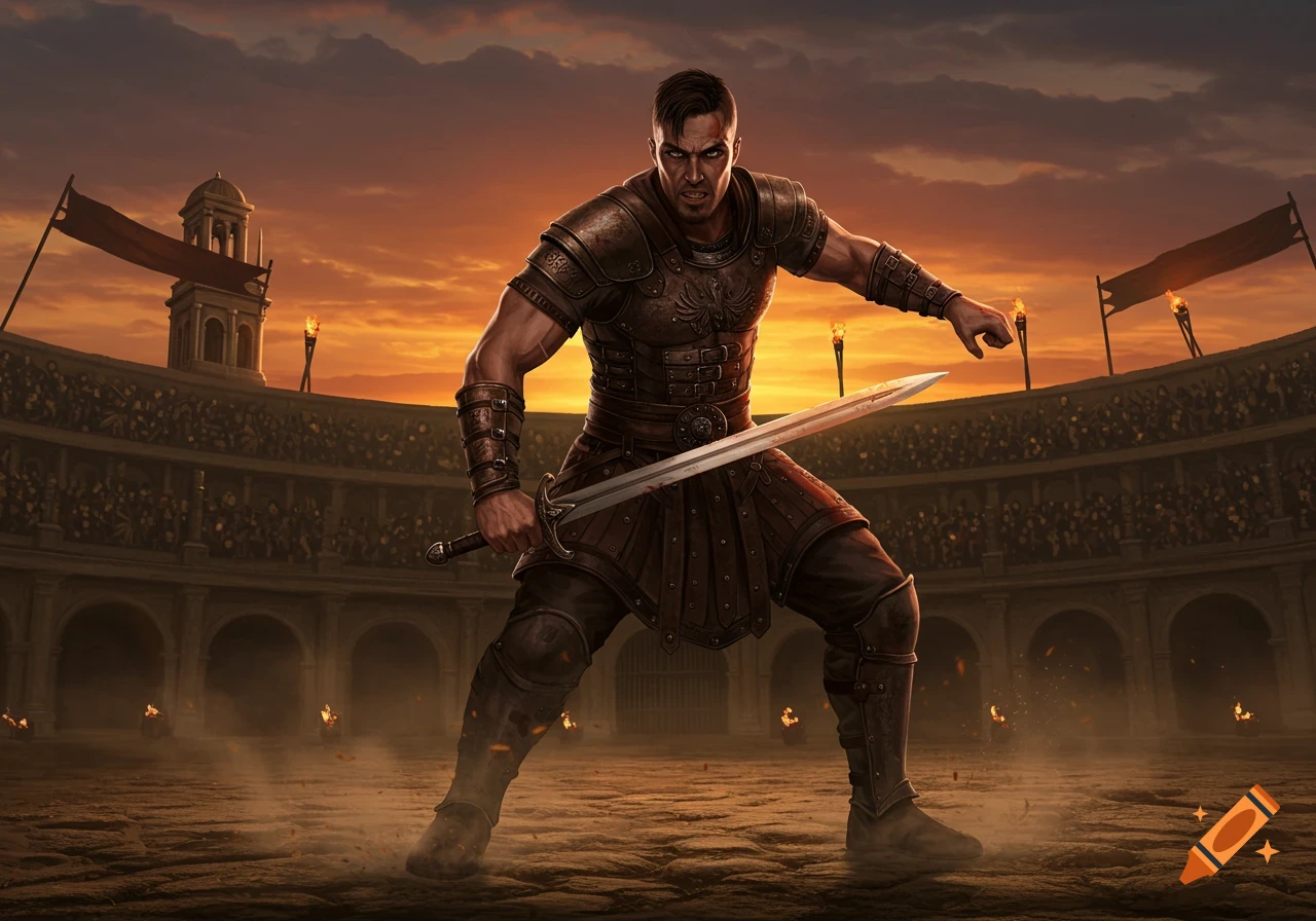 A determined warrior in leather armor holds a sword in a large, crowded arena at sunset, ready for battle.