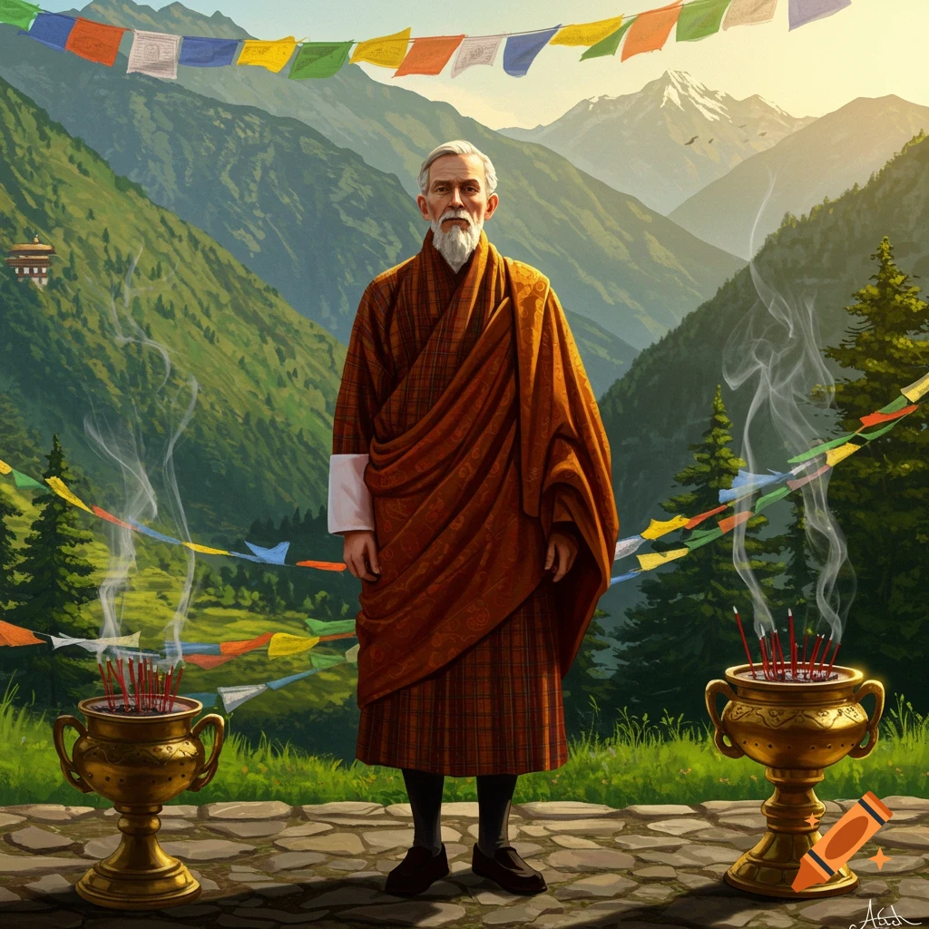 A white-bearded man in a traditional Bhutanese gho stands between two smoking incense burners in a mountainous landscape with colorful prayer flags.