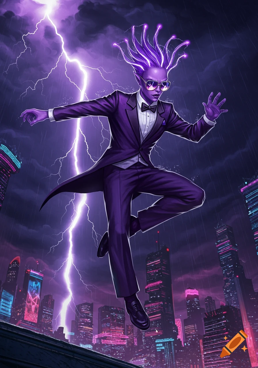 An illustrated purple alien in a tuxedo and sunglasses jumps over a neon cyberpunk city with lightning in a stormy night.