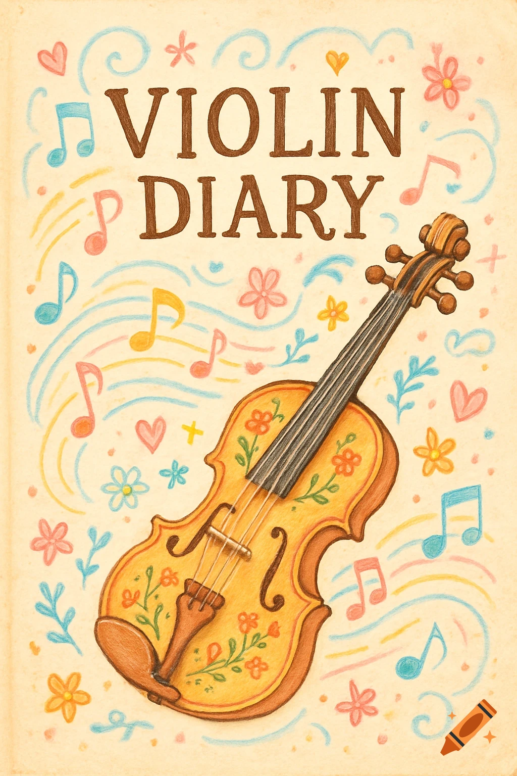 Whimsical illustration of a violin on an old paper-textured book cover titled 'VIOLIN DIARY', surrounded by musical notes and flowers.