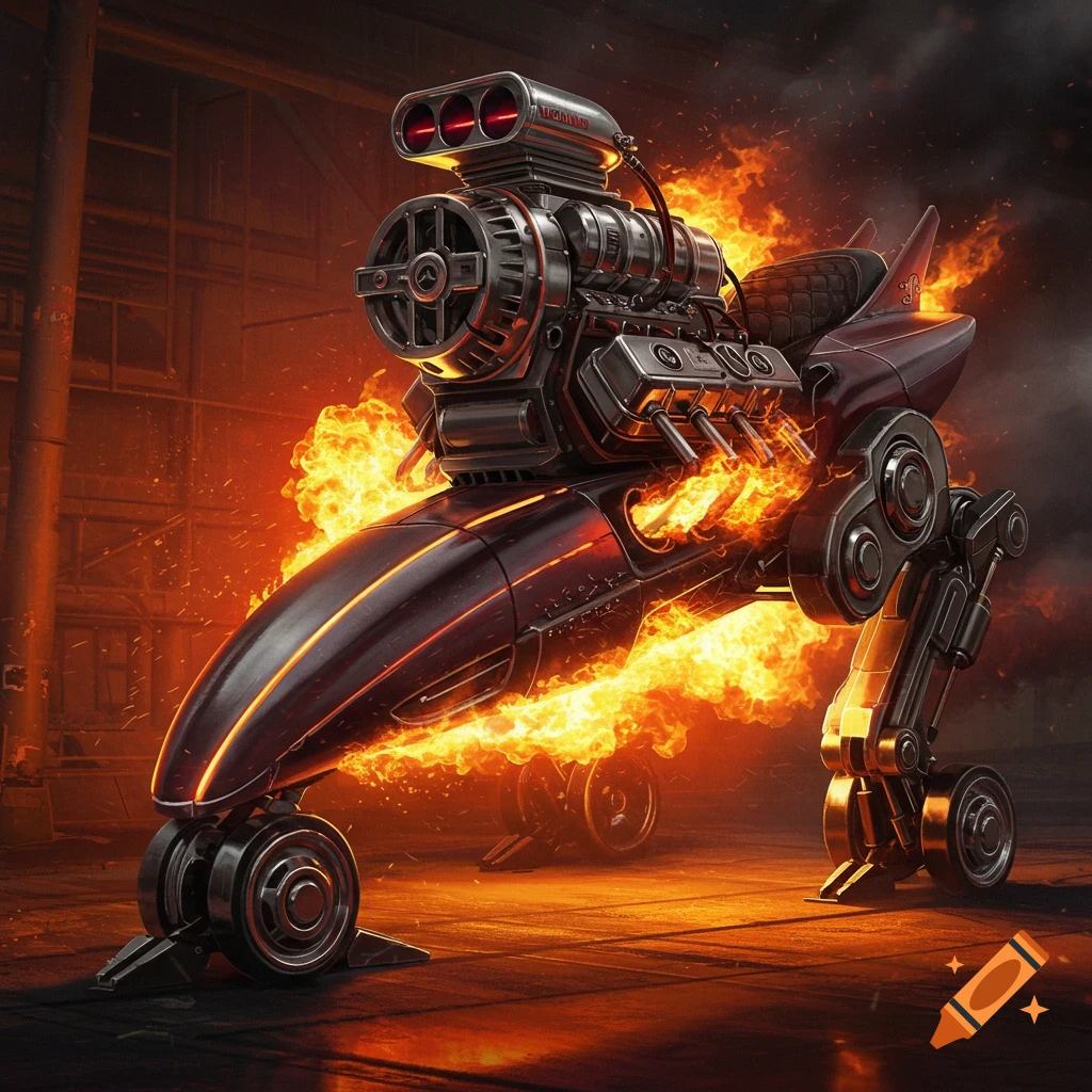 A fiery, futuristic metallic walker with a large chrome engine and intricate mechanical legs standing in a dimly lit industrial setting.