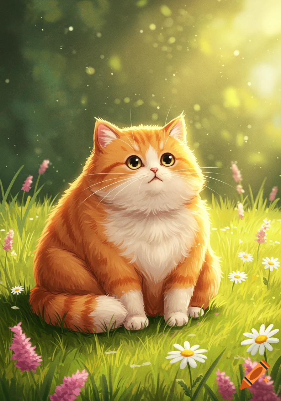 A cute, chubby orange and white cat with large eyes sits in a sunny green field surrounded by small flowers.
