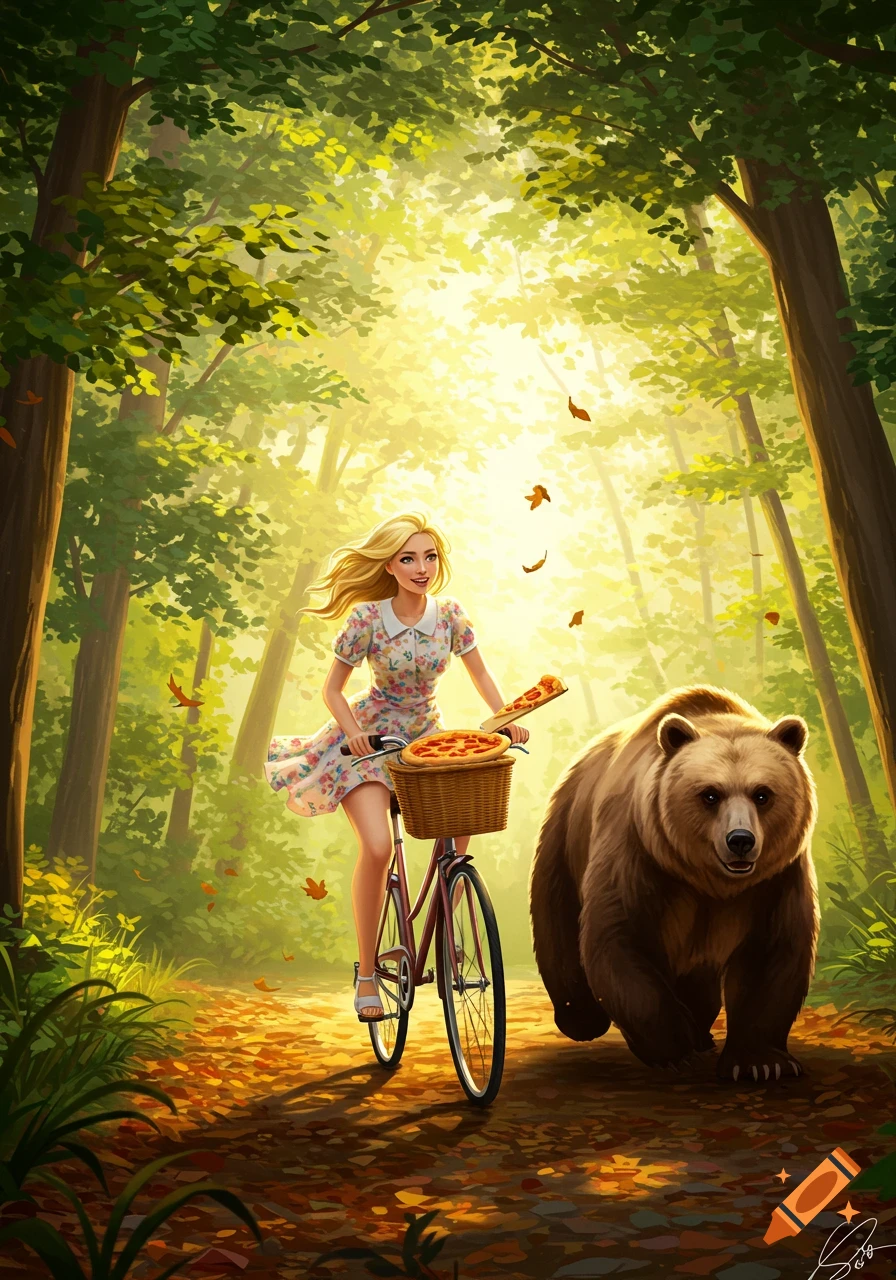 Blonde woman on a bicycle carrying pizzas, followed by a bear through a sunlit forest. Digital art.
