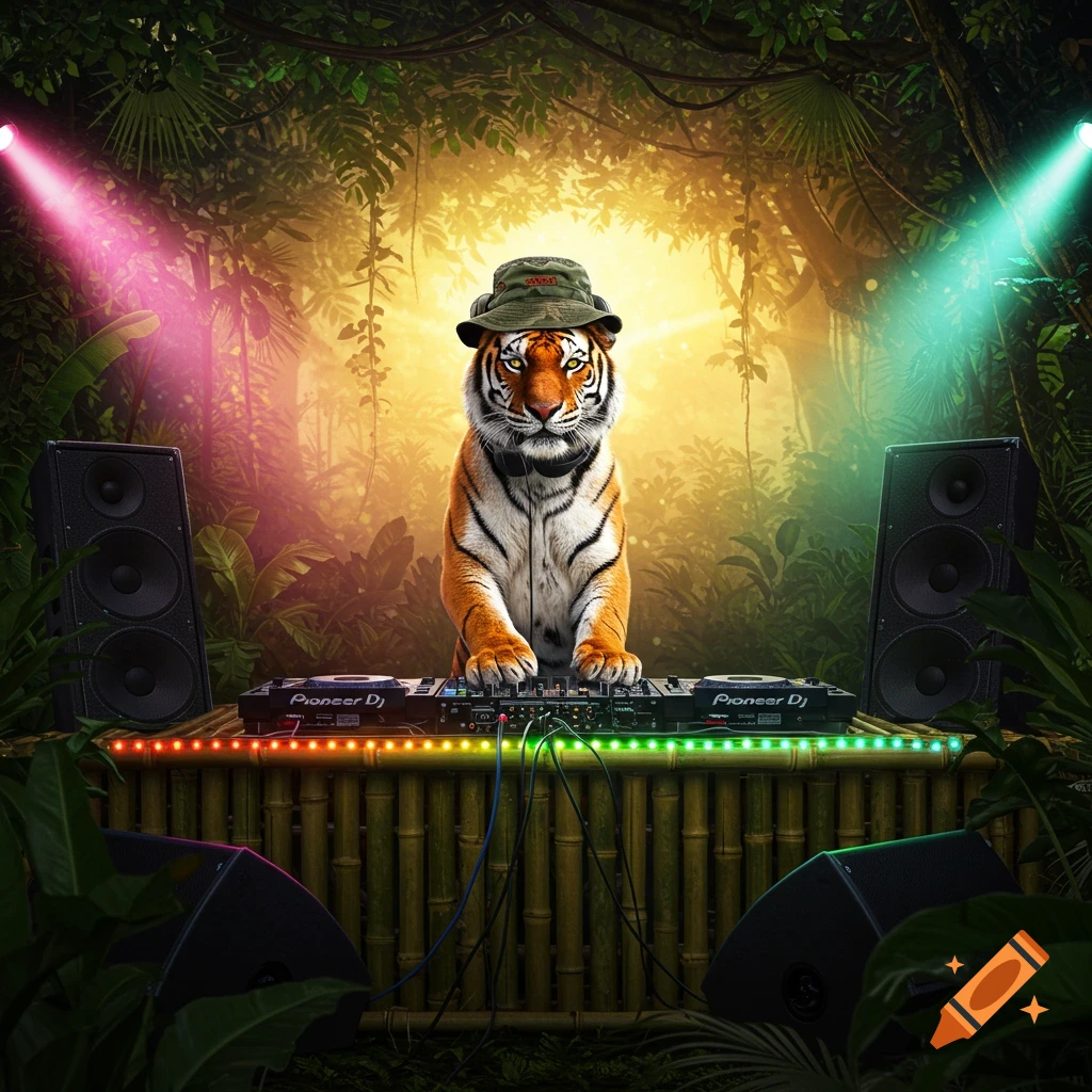 A realistic tiger wearing a camo hat and headphones DJs on a bamboo stage with speakers and colorful lights in a lush jungle setting.