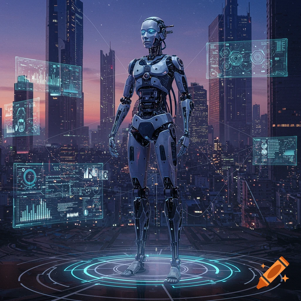 A humanoid robot stands in a futuristic city at sunset, surrounded by glowing blue holographic data displays.