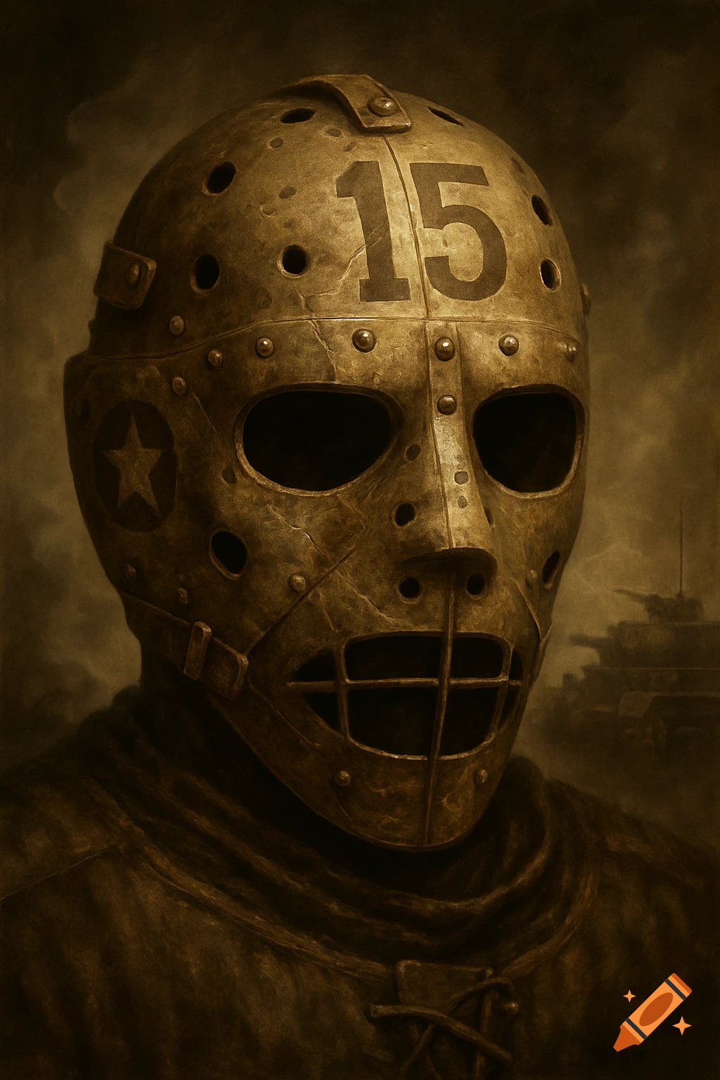 A close-up of a vintage, weathered bronze hockey goalie mask with the number 15 on its forehead, and a star on the cheek. Tanks are blurred in the background.