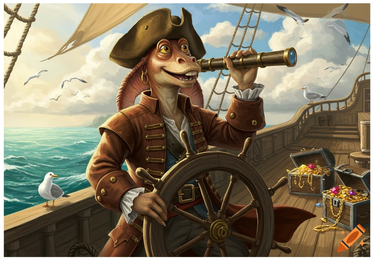 Jar Jar Binks as a cheerful pirate on a wooden ship, looking through a telescope, with treasure chests and seagulls, cartoon style.