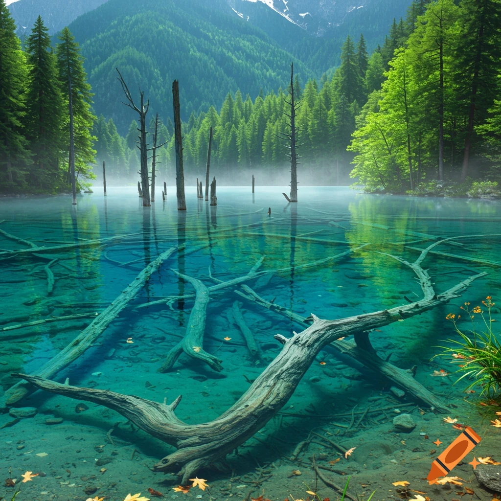 Photorealistic image of a clear blue-green mountain lake with submerged tree trunks, surrounded by lush green forests.