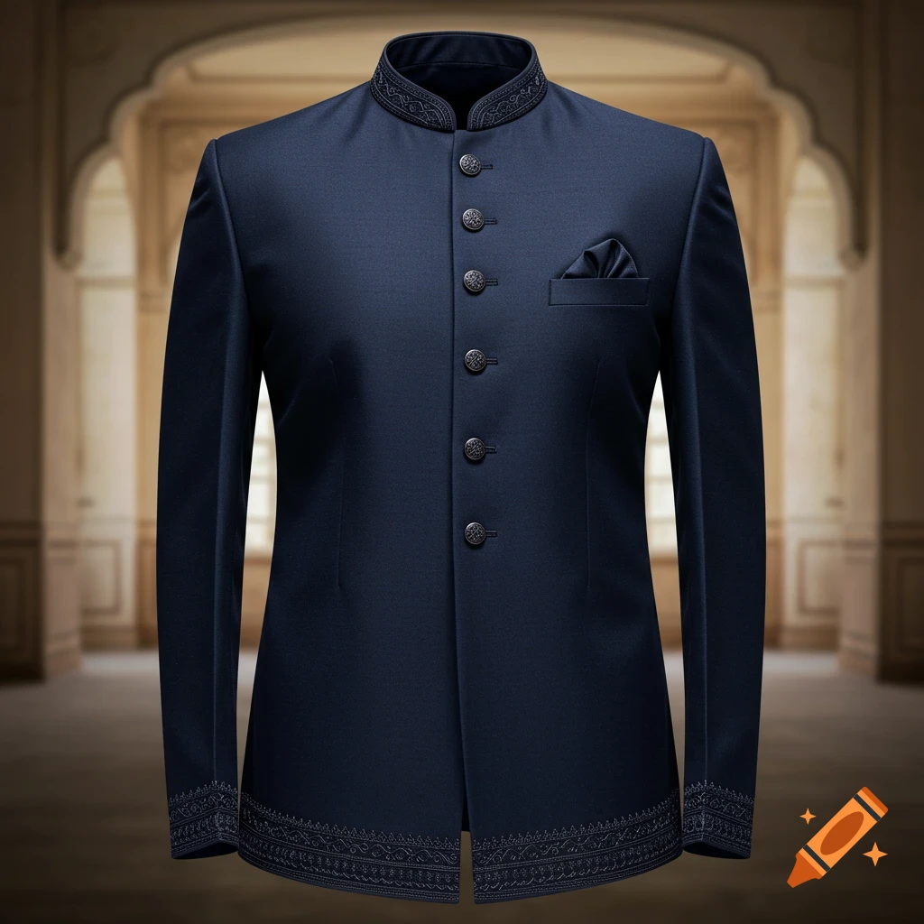 A navy blue Modi jacket with intricate black embroidery on the band collar and hem, displayed in a softly lit, arched hallway.