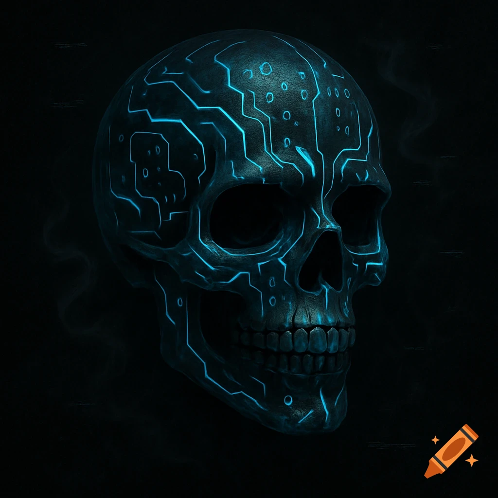A dark blue metallic skull with glowing blue circuit board patterns on a black background, with smoke on the left.