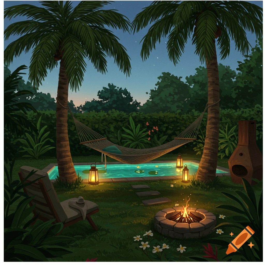 A stylized night scene of a tropical backyard oasis with a glowing pool, hammock, fire pit, and lanterns under a starry sky.