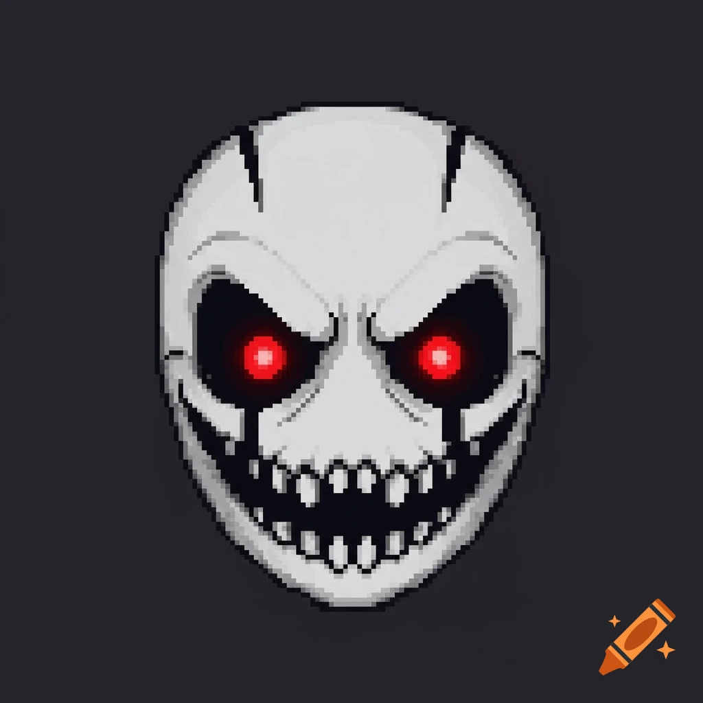 A menacing white pixel art mask with glowing red eyes, jagged black teeth, and black cracks, against a dark background.