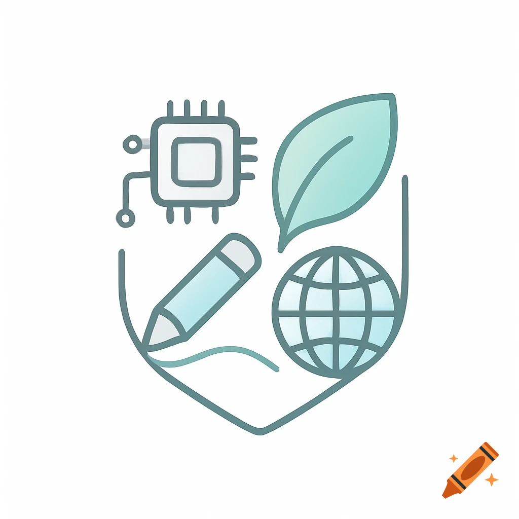 A clean, illustrative logo featuring a computer chip, a leaf, a pencil, and a globe in muted blue and green tones.