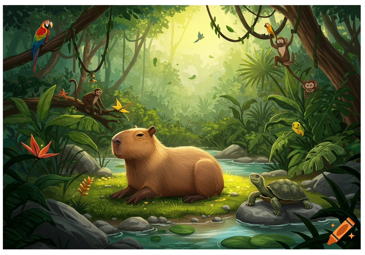 An illustrative scene of a capybara lounging by a stream in a vibrant jungle, surrounded by monkeys, parrots, and a turtle.
