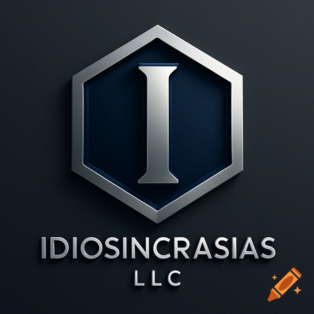 Metallic silver letter 'I' in a dark blue hexagon logo with 'IDIOSINCRASIAS LLC' text below it on a dark background.
