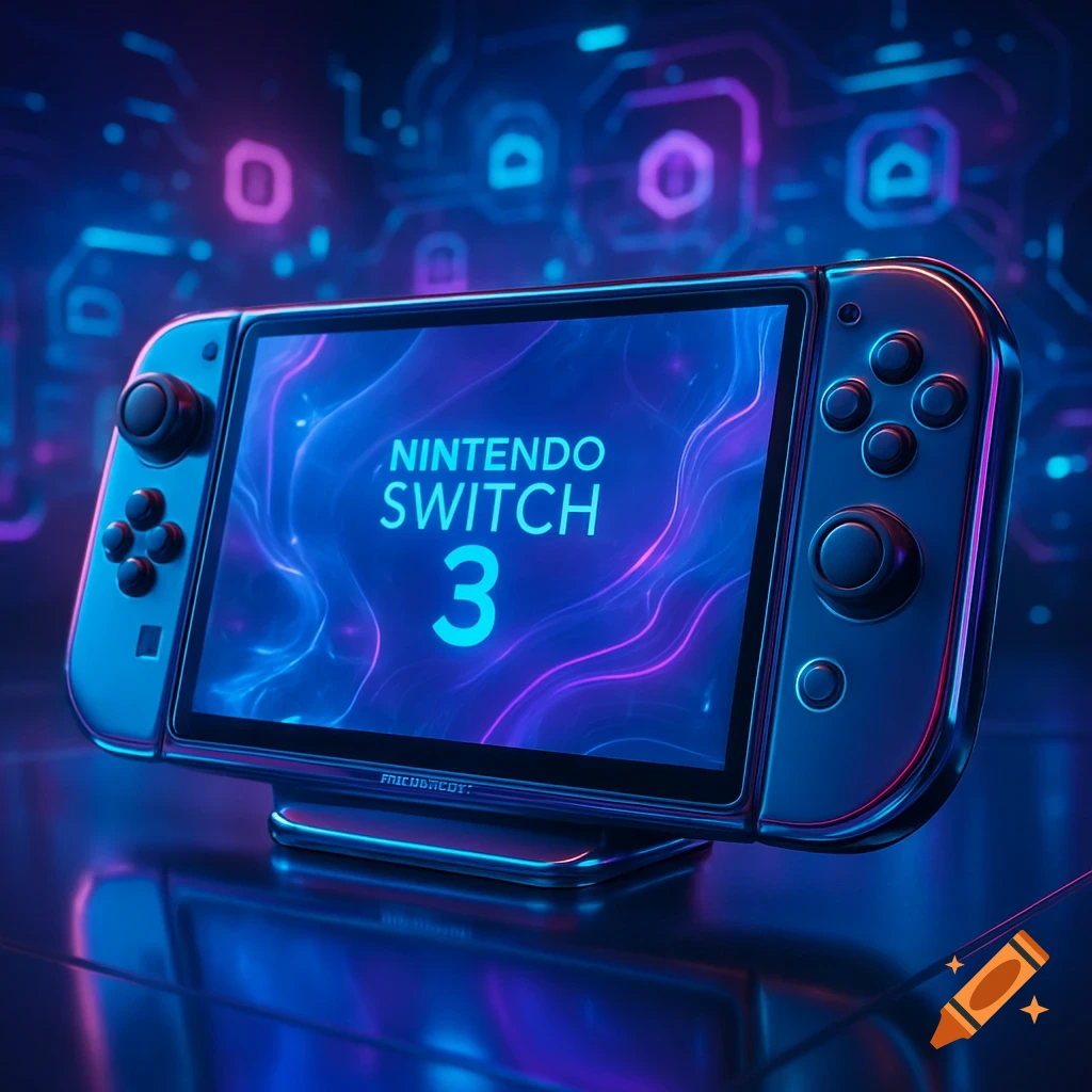 A futuristic, metallic blue Nintendo Switch 3 console displaying "NINTENDO SWITCH 3" on its screen, glowing with neon lights.