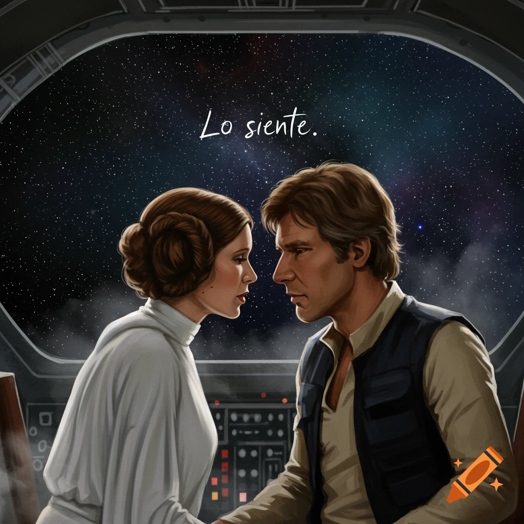 Illustration of Princess Leia and Han Solo looking at each other in a spaceship, stars visible outside. Text "Lo siente" in the sky.