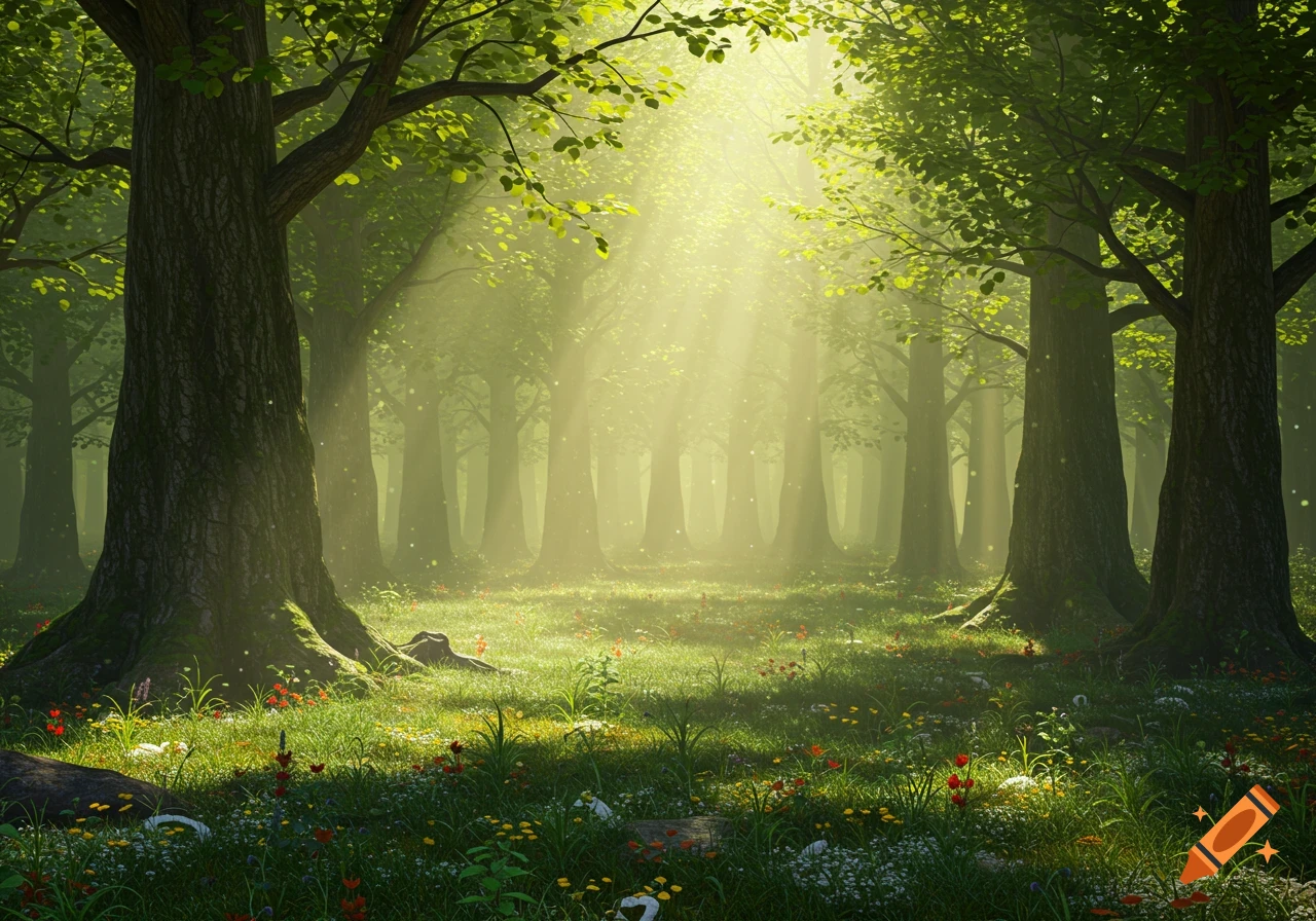 Photorealistic scene of sunlight streaming through tall trees onto a lush forest floor with green grass and wildflowers.