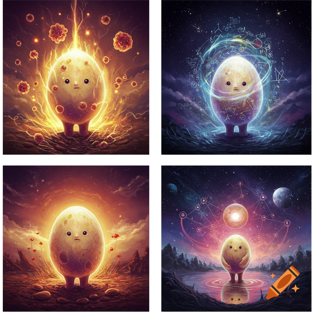 Four digital art images of a glowing, cute egg-shaped creature in cosmic and elemental fantasy settings, depicting development.