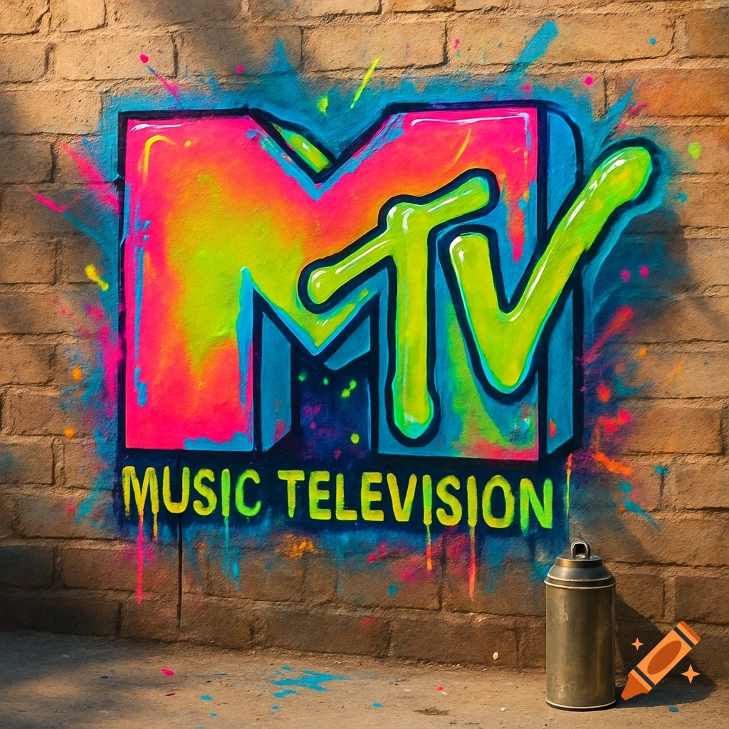 Colorful neon MTV logo graffiti painted on a brick wall with an empty spray can next to it.