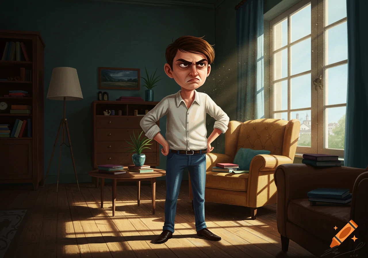 A cartoon man with an angry expression stands with hands on hips in a sunlit living room.