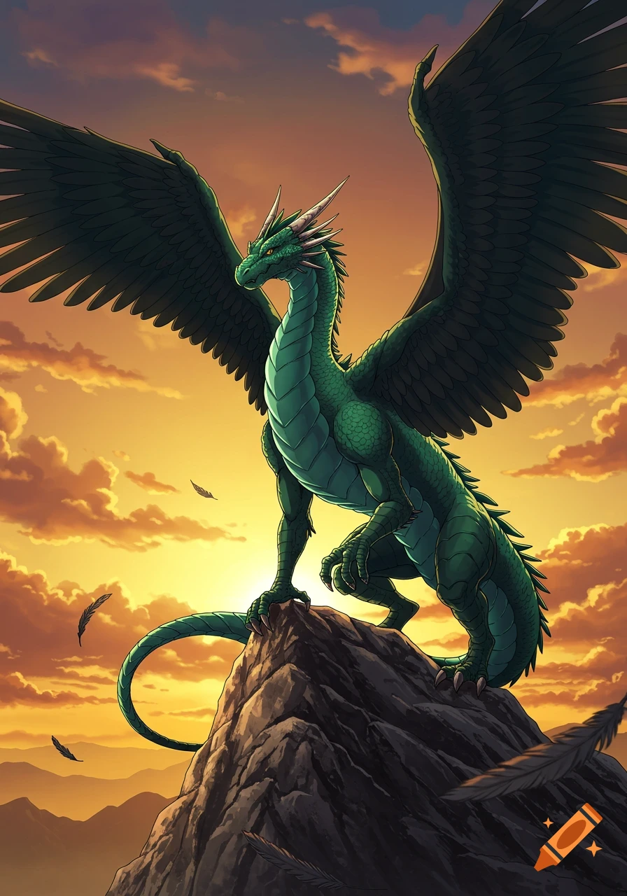 A majestic green dragon with dark feathered wings stands on a rocky peak at sunset in an anime art style.