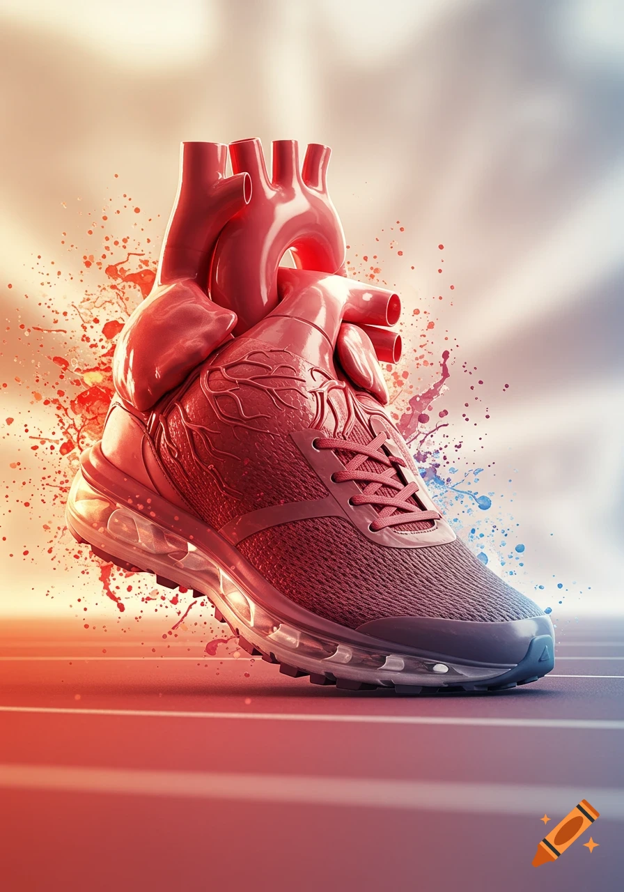 A photorealistic human heart fused with a running shoe, surrounded by paint splatters on a blurred track.