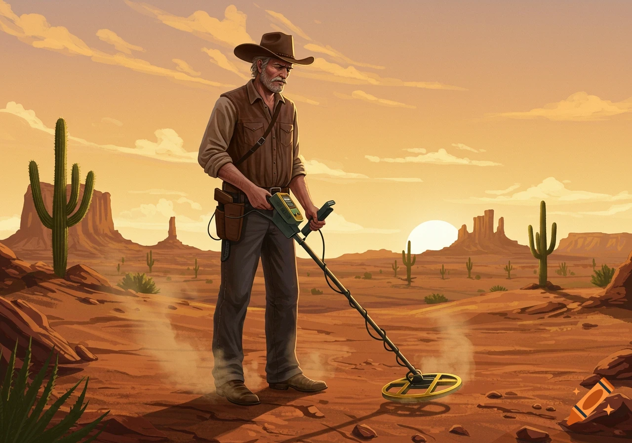 An illustrated man in a cowboy hat and vest uses a metal detector in a desert landscape with cacti and mesas at sunset.
