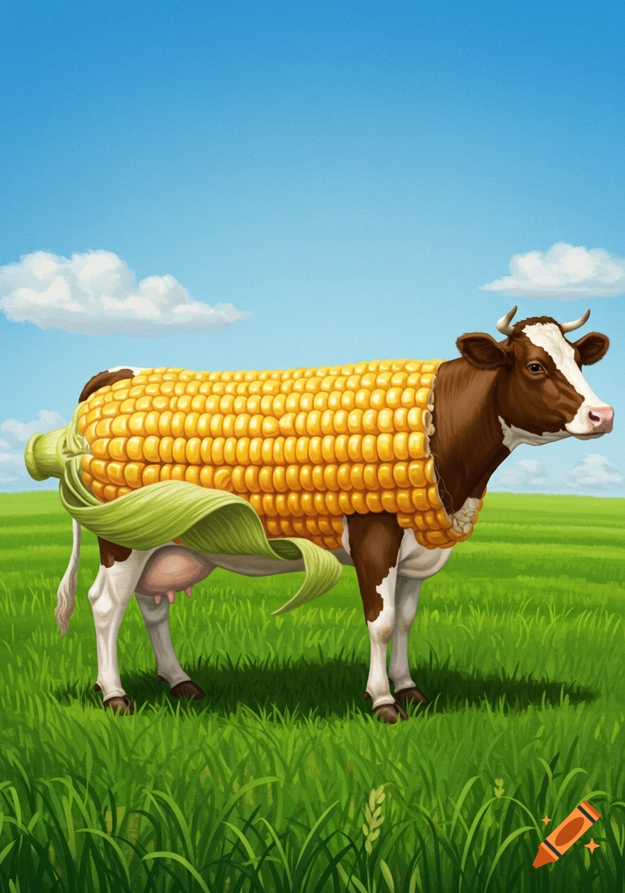 A cartoon illustration of a brown and white cow with a corn cob as its body, standing in a green grassy field under a blue sky.