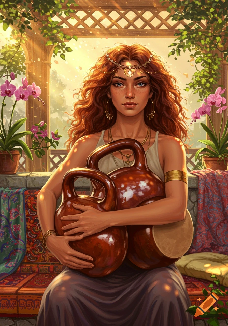 Detailed illustration of a red-haired woman with an ornate headpiece, holding two brown kettle-drum-like objects on a sunny balcony with orchids.