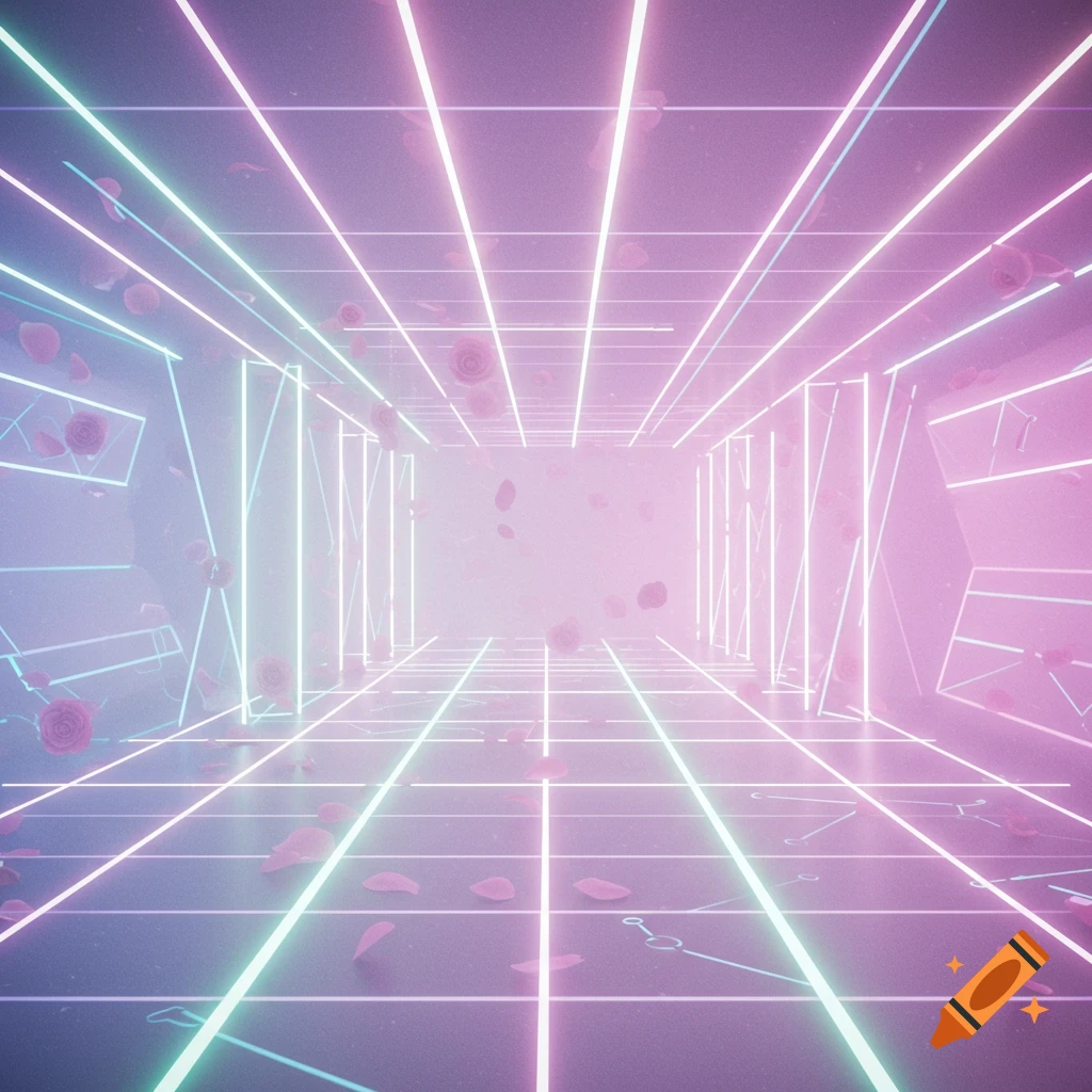 A glowing neon tunnel with pink and blue lines and falling rose petals, creating a dreamy vaporwave aesthetic.