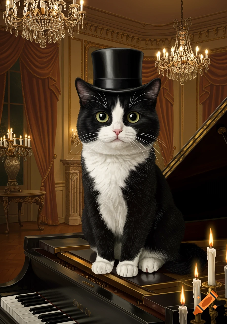A dapper tuxedo cat wearing a top hat sits on a grand piano in an elegant room with chandeliers.