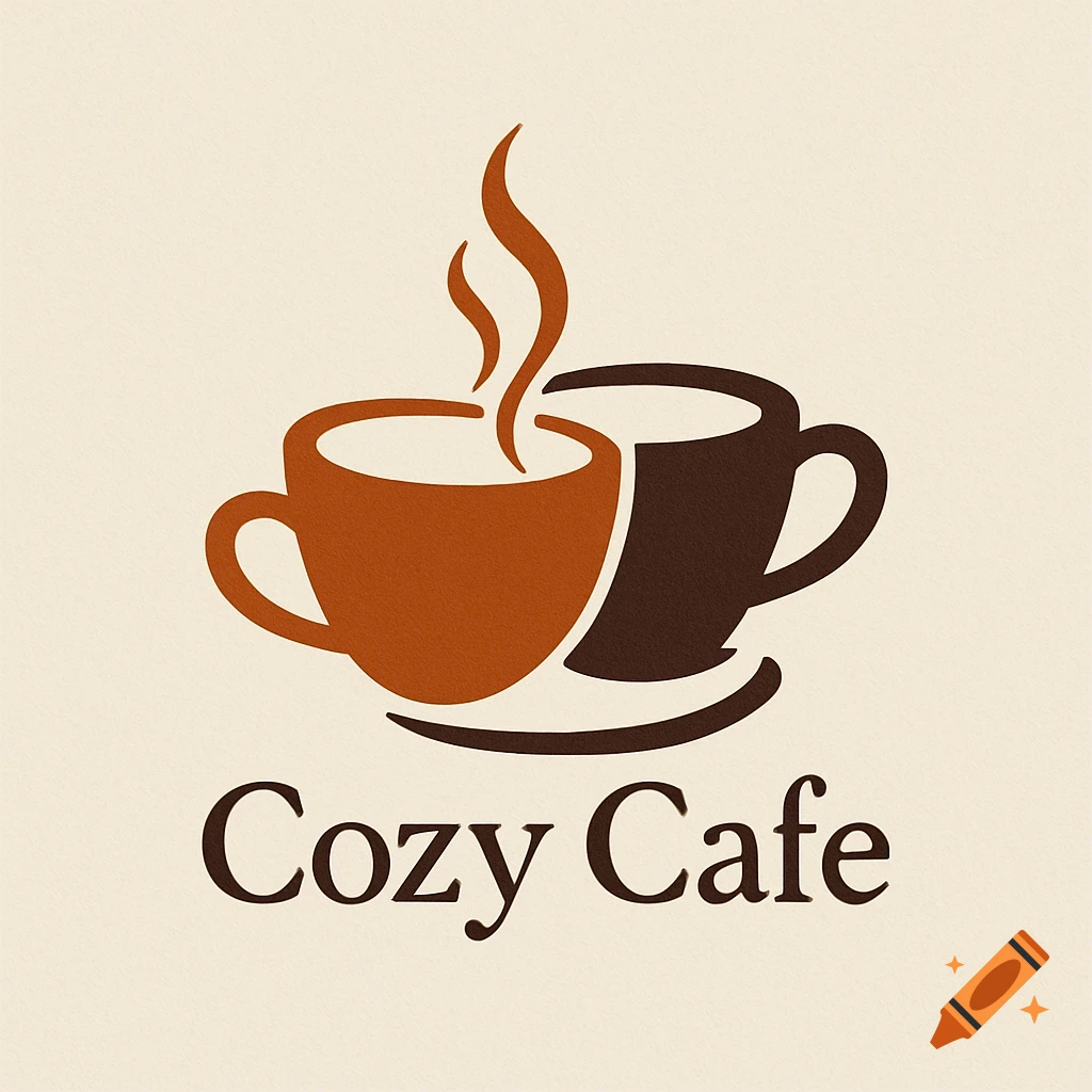 A cafe logo with two steaming coffee cups in brown and orange, above the words 'Cozy Cafe' on a cream background.